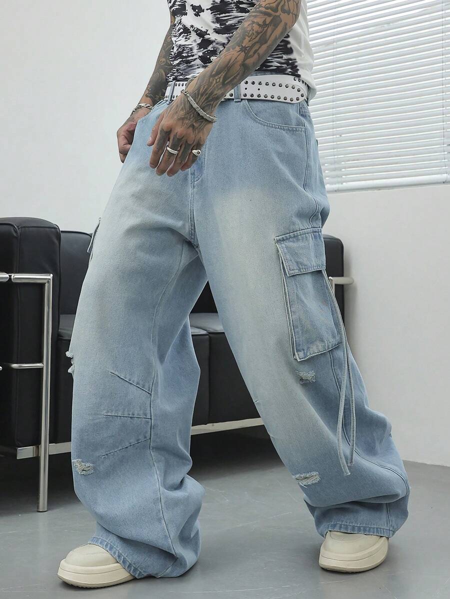 Manfinity EMRG 男士浅蓝色洗水牛仔宽松阔腿工装牛仔裤纯色长款破洞超大工装海军蓝工装牛仔裤，适合老公、男朋友的礼物 - 淺色水洗藍 - 查看 1