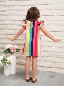 SHEIN 小女童撞色條紋圖案荷葉邊連衣裙 - 彩色 - 查看 2