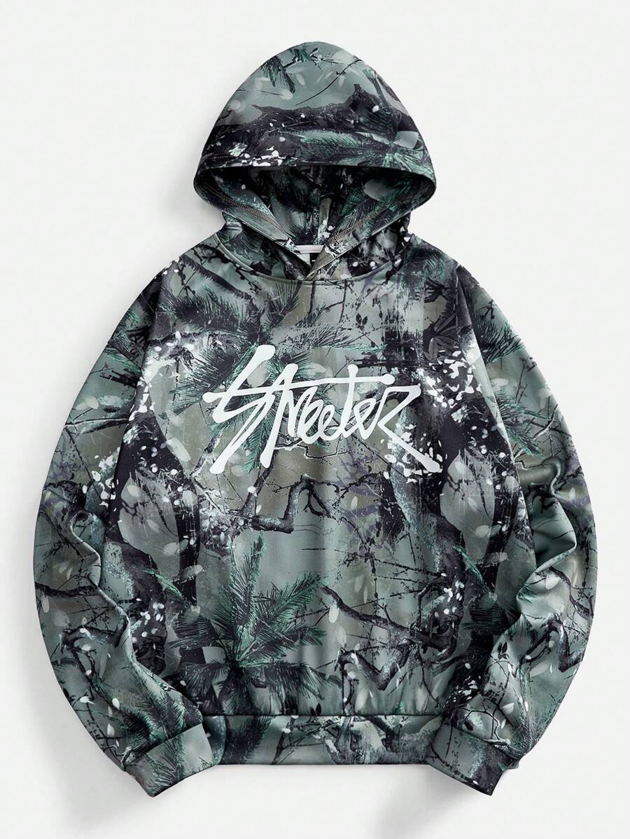 Manfinity VCAY Men's Loose Fit Digital Print Long Sleeve Hooded Sweater - Green - View 1