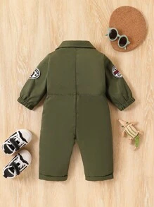 男婴军装连体衣，工装绿，拉链领，飞行员风格，带字母刺绣装饰，适合户外活动、万圣节派对、角色扮演和拍照 - 軍綠色 - 查看 2