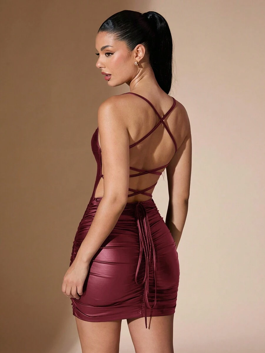 SHEIN BAE Backless Criss-Cross Strap PU Leather Mini Dress, Stylish Halloween Party Dress - Burgundy - View 1