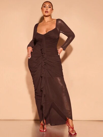 SHEIN BAE 大码女装春夏纯色心形领长袖荷叶边拼接修身优雅连衣裙 红色网纱褶皱荷叶边长裙 适合日常出行、甜蜜约会和度假穿着