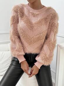 Chiquease V-Shape Faux Mink Knitted Sweater  Fall Winter Outfit - Pink - View 7