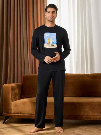 2pcs Men's Cartoon Print Crew Neck Sweatshirt And Pants Casual Loungewear Set