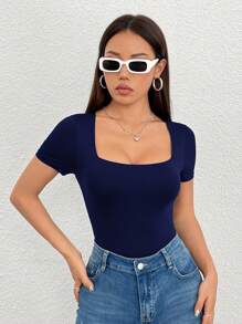 SHEIN PETITE 女士休闲纯色短袖紧身衣，夏季