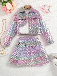 2pcs/Set Tween Girl Gradient Europe & America Style Fashion Jacket & Mini Skirt Set, Autumn/Winter