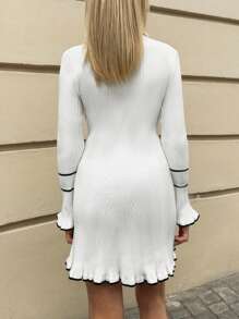 SHEIN Essnce Damen Strickkleid für den Herbst, Rüschen Saum Strickkleid, Damen Farbblock Langarm Rippenstrick Minikleid mit Polokragen, Farbkontraste an den Kanten, Weißes Damenkleid, Damenbekleidung, Herbst Damenbekleidung, Damenrock - Beige - Übersicht 3