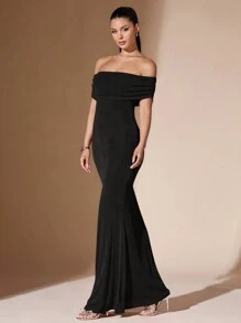 SHEIN BAE 女士纯色露肩性感透明优雅美人鱼露背紧身舞会礼服 - 黑色 - 查看 5