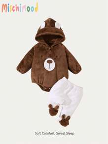 SHEIN 2 chiếc Bé Trai Thoải Mái & Ấm Áp Hoạt Hình Gấu Thêu Có Mũ Trùm Đầu Bộ Đồ Ngủ & Quần Bộ Đồ Ngủ - màu nâu - Xem 1