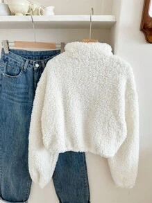 SHEIN Leap Crew Teen Girls White Stand Collar Zipper Thermal Lined Warm Pullover Sweatshirt,In Fall/Winter - White - View 2