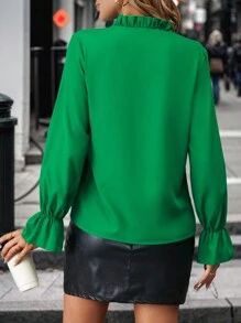 SHEIN Clasi 女士时尚优雅荷叶边领喇叭袖衬衫 - 綠色 - 查看 2