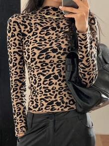 DAZY 女式豹纹漏斗领修身套头毛衣猎豹印花，秋季服装高领衫女式 - 棕色 - 查看 5