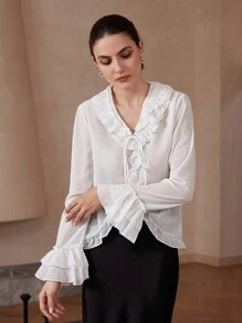 SHEIN Privé 女士 V 领系腰双荷叶边透明雪纺衬衫长袖防晒衬衫 - 彩色 - 查看 4