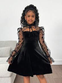 SHEIN Tween Girls Luxurious Velvet & Mesh Splice, Star Embroidered Hollow Waist Party Dress, For Party, Halloween