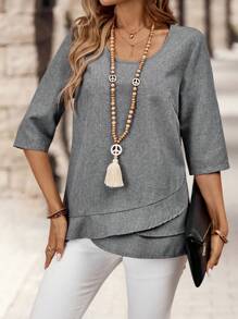 EMERY ROSE Women's Casual Round Neck Simplified Mid-Sleeve Shirt, Autumn And Summer - Multicolor - View 3