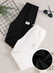 SHEIN Mua 1 tặng 1! Bộ 2 quần nỉ lót nơ thắt eo màu đen trắng cơ bản cho bé gái tuổi teen trở lại trường - Đen và trắng - Xem 3