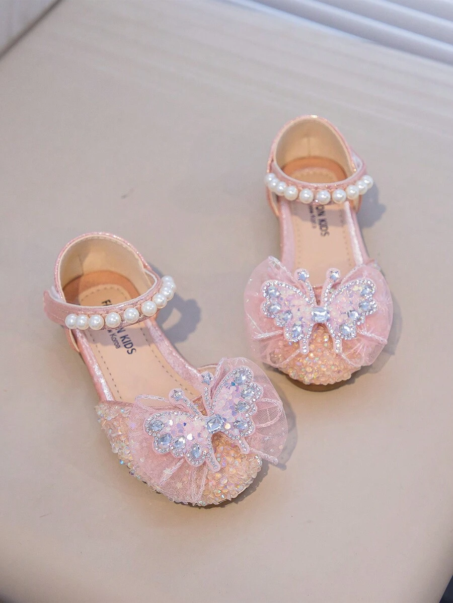 Girls' Rhinestone Decor Flat Shoes, Fashion & Cute - Pink - View 1
