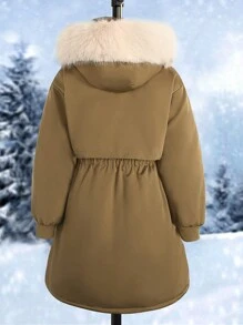Tween-Mädchen Parka mit geraffter Taille und flauschigem Kapuzenkragen, gepolsterte lässige Outdoor-Jacke - Grün - Übersicht 2