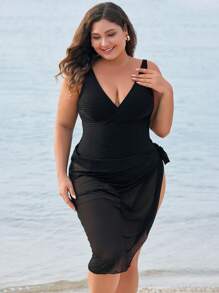 Swim SPRTY 夏季加大码纯色连体泳衣 - 黑色 - 查看 1