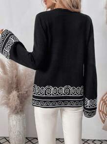 Chiquease Maglietta casual in maglia con maniche lunghe, collo tondo retrò e stampa, modello ampio