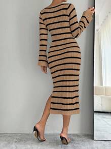 Chiquease Vestido de punto con abertura con mangas acampanadas a rayas para mujer