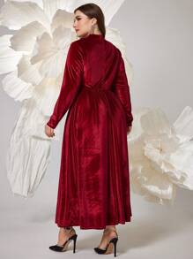 Modelyn Burgundy Red Plus Size Wine Red Velvet Cut Out Rhinestone Fringe Decor Midi Dress, Fall/Winter - Burgundy - View 2