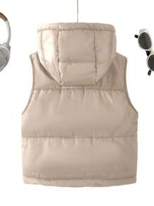 Tween 女童休闲黑色无袖连帽加垫背心，秋冬款 - 卡其色 - 查看 2