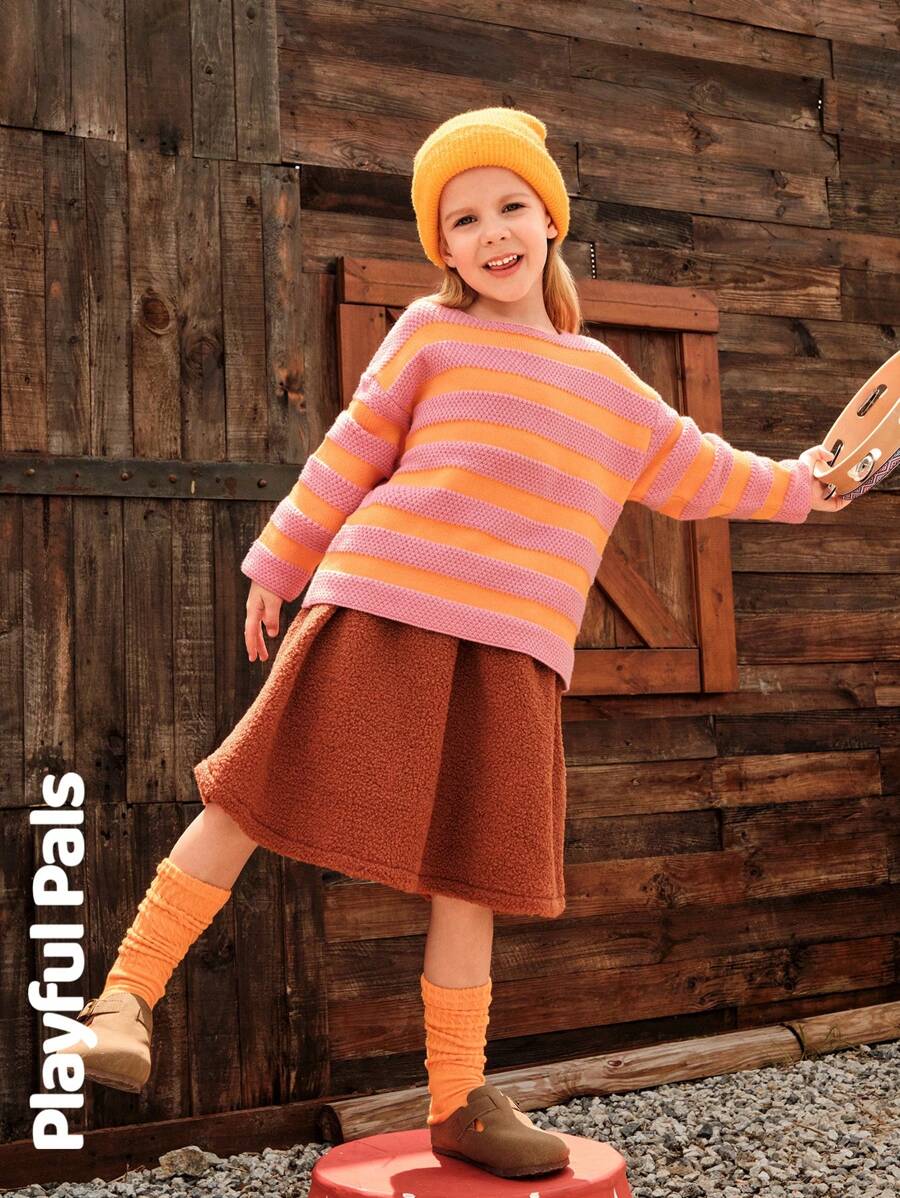 SHEIN 1 件年轻女孩可爱/复古/休闲/返校纯色毛绒 A 字迷你裙，适合上学和外出，春/秋/冬 - 鏽棕色 - 查看 1