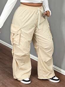 Slaydiva Pantalones cargo de talla grande con cintura alta, de uso casual, con bolsillo, color albaricoque