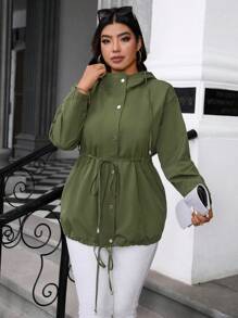Calvaya Plus Size Green Drawstring Pocket Waterproof Casual Jacket - Army Green - View 6
