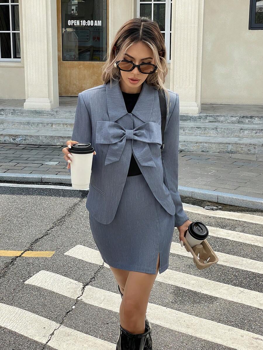 SHEIN Frenchy 2pcs Women Dusty Blue Solid Color Long Sleeve Bow Jacket & Skirt Set,Autumn Elegant Office Commute Minimalist Old Money Fall Winter Warm Clothes - Grey - View 1