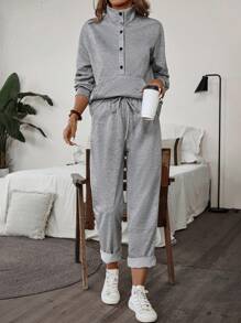 SHEIN LUNE 2 件套女士纯色纽扣前口袋长袖上衣和系带前裤休闲套装 - 灰色 - 查看 6