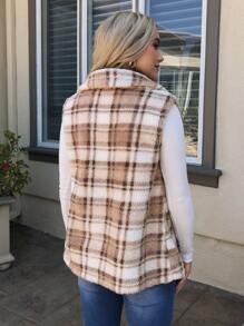 SHEIN LUNE Women's Plaid Print Zip-Up Fuzzy Vest Jacket, Autumn Fall Clothes