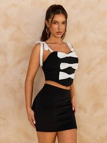 SHEIN SXY Bộ 2 áo yếm và váy ngắn bó sát mùa hè cho nữ - màu đen - Xem 5