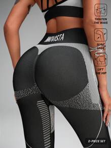 Innovista Women Seamless 3D Sculpting Sport Sets, 2pcs,Dynamic Stripes Seamless Middle Support Racerback Push Up Sports Bra&Workout Biker Leggings Set,Stretchy Sets,High Waist Sets,Striped Texture, Festival,Fall - Black and White - View 2