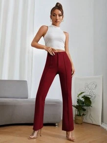 SHEIN PETITE Solid Color Women's Flared Pants ,Petite Women - Burgundy - View 5