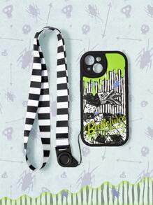 Beetlejuice | ROMWE 1pc Black Halloween Beetlejuice Design Lanyard Protective Phone Case Compatible With Apple IPhone 11 12 13 14 15 Pro Max - Black - View 1