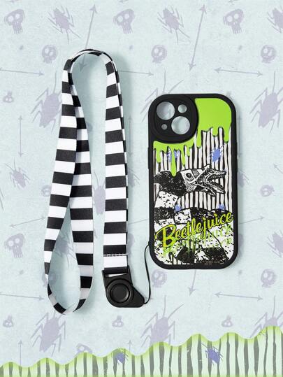 Beetlejuice | ROMWE 1pc Black Halloween Beetlejuice Design Lanyard Protective Phone Case Compatible With Apple IPhone 11 12 13 14 15 Pro Max