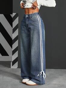 SHEIN PETITE 女士侧条纹口袋宽腿宽松休闲百搭牛仔裤 - 藍色 - 查看 3