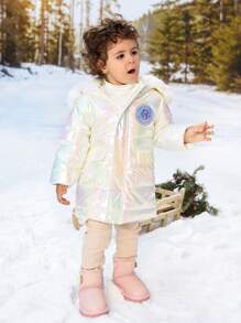 Baby Mädchen gesteppter langer Winter-Parka Mantel mit abnehmbarem flauschigem Kapuzenrand, wasserabweisend und windbeständiges dickes Material, alltagstauglicher Allrounder - Weiss - Übersicht 4
