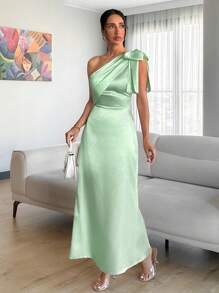 EURMUSE Chimpagne Color Tie Detail Satin Dress - Hijau - View 6