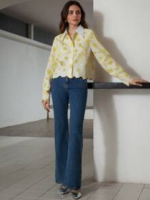 Aveloria Rosie Color Block Shirt, Pointed Collar, Random Sunflower Embroidered, Elegant Design Blouse