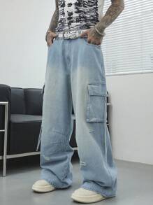 Manfinity EMRG 男士浅蓝色洗水牛仔宽松阔腿工装牛仔裤纯色长款破洞超大工装海军蓝工装牛仔裤，适合老公、男朋友的礼物 - 淺色水洗藍 - 查看 4