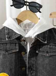 SHEIN 3 buc. Vestă casual de blugi pentru băieți, cu plasture 3D zâmbitoare, hanorac alb și pantaloni de trening gri, potrivit pentru toamnă/iarnă, ținute zilnice, școală, adunări de familie, îmbrăcăminte de stradă