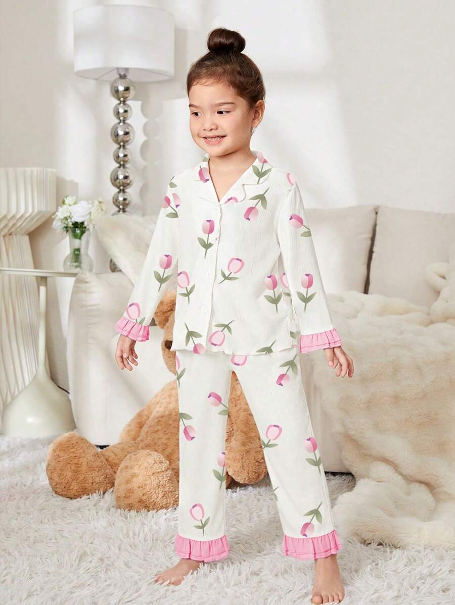 SHEIN 2 pièces Ensemble de pyjama jeune fille enfant petit enfant haut à manches longues et pantalon avec imprimé floral. Tenue de loisir et d'intérieur. - Rose pâle - Voir 1