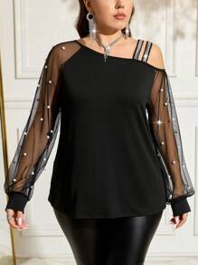 SHEIN Clasi Plus Size Women Spring Fall Asymmetric Collar Faux Pearl Decor Mesh Elegant T-Shirt - Black - View 3