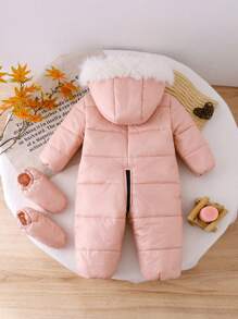 SHEIN Bộ đồ liền thân có mũ trùm đầu cho bé gái, bộ đồ liền thân dài tay màu hồng lót giữ nhiệt in chữ, thích hợp cho hoạt động ngoài trời, trượt tuyết và các dịp khác - Hồng - Xem 15