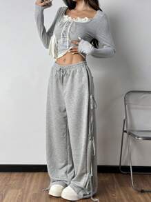 SHEIN EZwear Women's Spring Autumn Ruffle Trim Front Tie Long Sleeve T-Shirt And Drawstring Waist Wide Leg Pants Casual 2-Piece Set