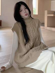 DAZY Áo len dệt kim xoắn cổ cao không tay màu trơn dành cho nữ mùa thu đông - Màu Khaki - Xem 5