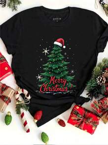 INAWLY 1 Áo thun cổ tròn tay ngắn in hình cây thông Noel thường ngày cho nữ, thích hợp cho ngày lễ, quần áo áo thun họa tiết Áo thun họa tiết cho nữ - màu đen - Xem 1